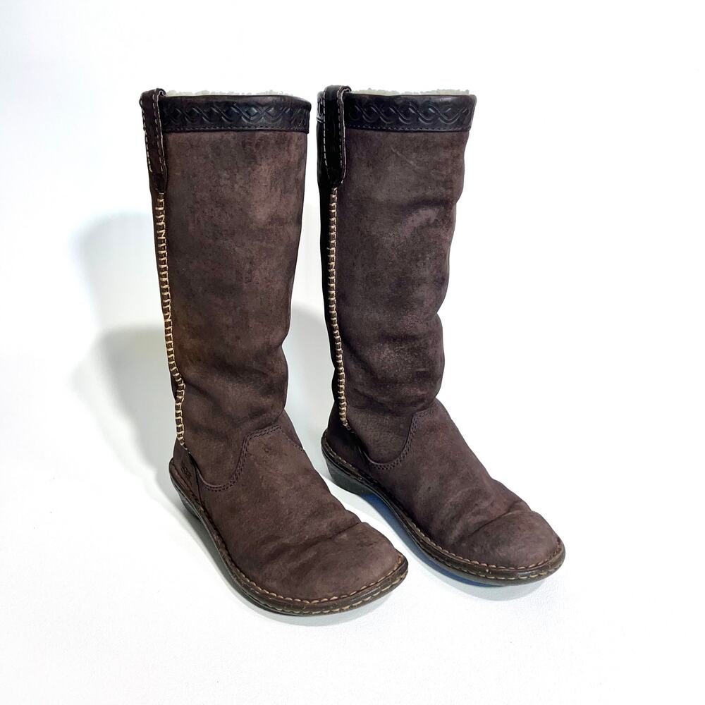 UGG Boot Women 5 Dark Brown Leather Swell Suede Tall Sheepskin Australia # 5676